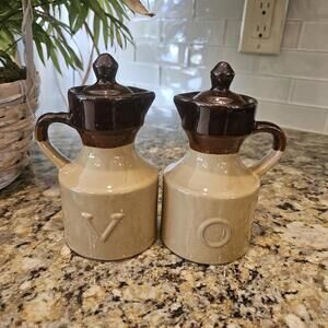 Vinegar & ,Oil Stoneware Browm Drip Vintage Cruets With Lids